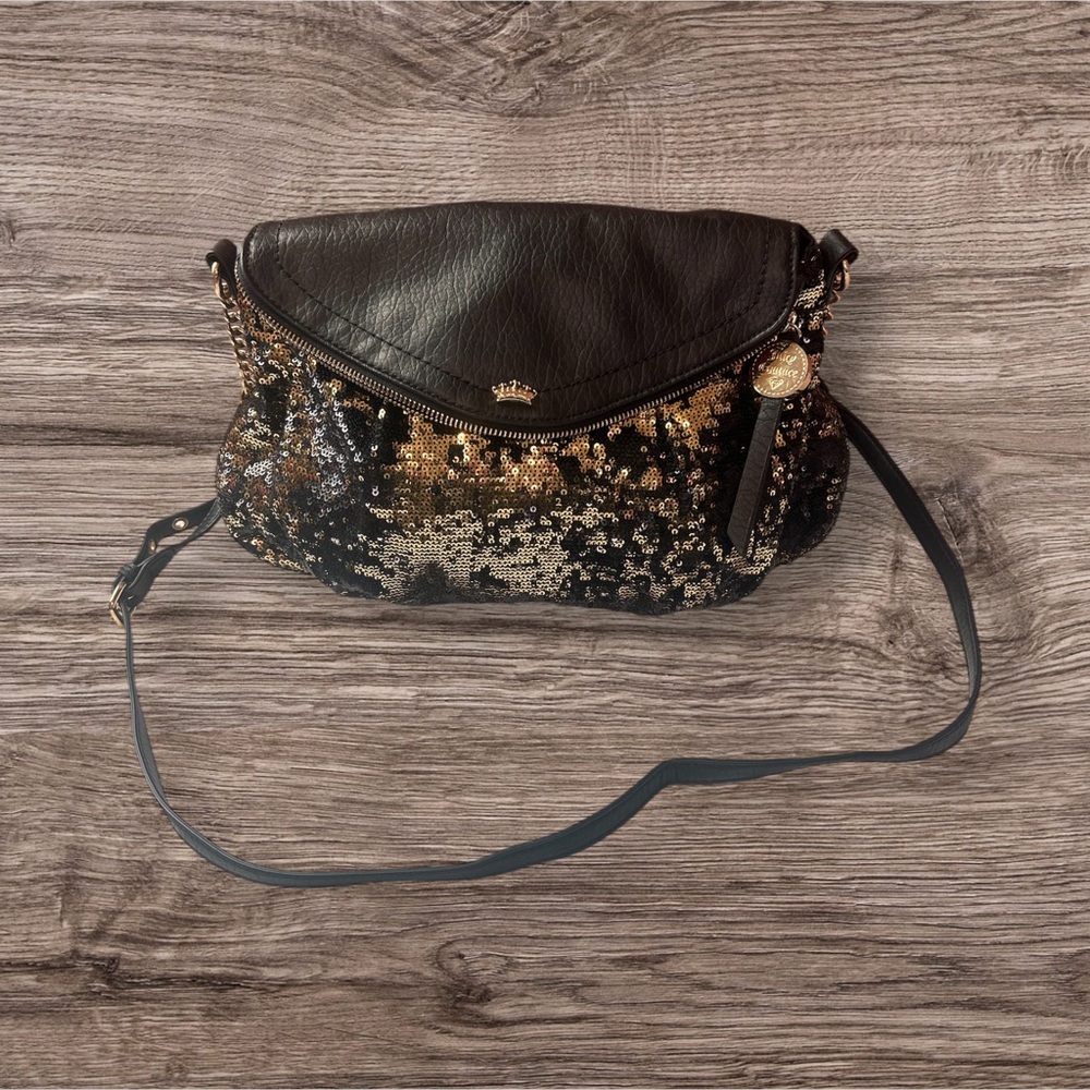 Juicy Couture Party Sequin Flap Hobo Bag Black Gold Crossbody Y2K Pink Crown